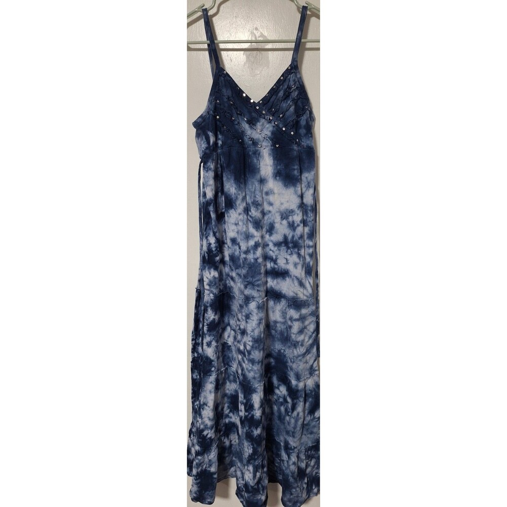 Justice Girls Blue White Tie Dye Maxi Dress Size 16 Cotton Ruffled Sequin Cami